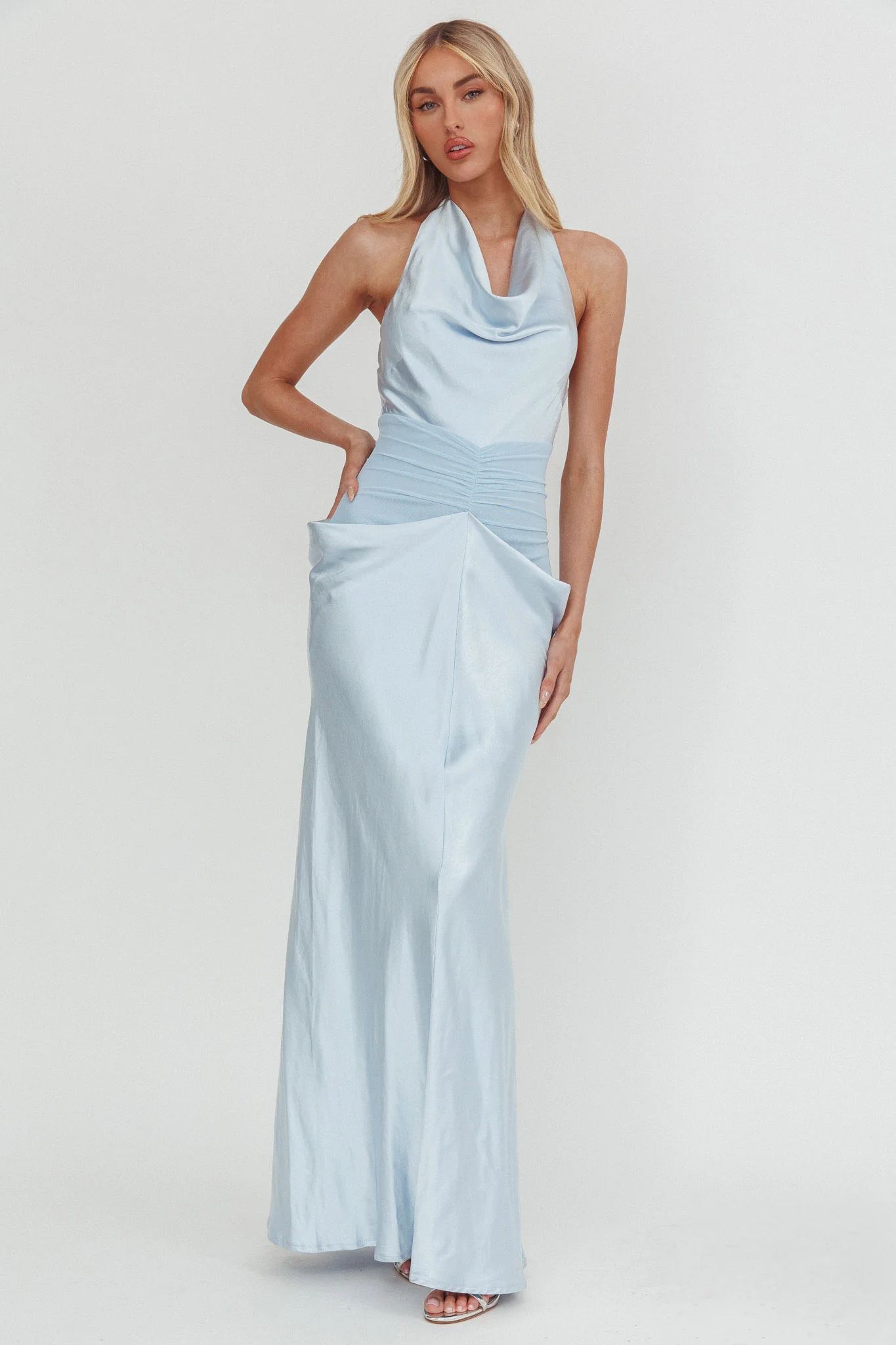 Zynthia Cowl Neck Ruched Waist Maxi Dress Ice Blue - Image 5